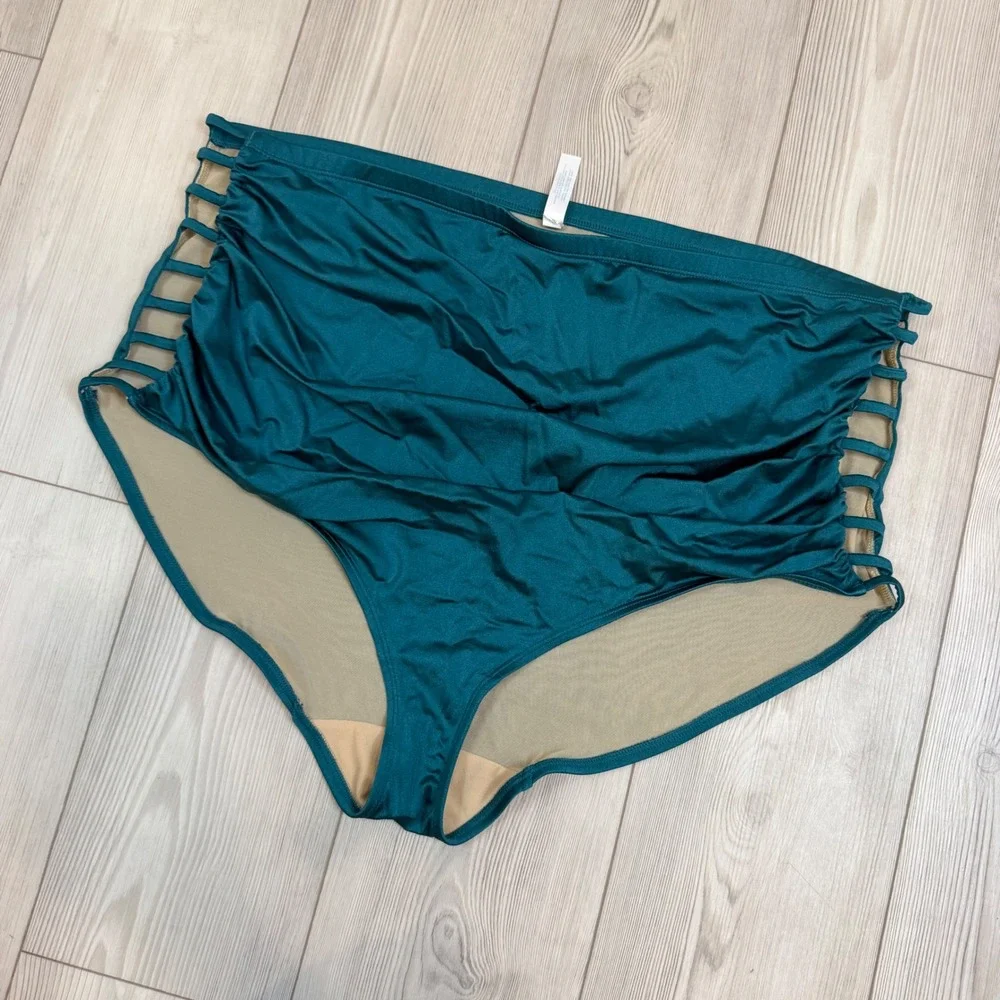 Swim by Cacique Teal Green Ruched High Waisted Caged Side Bikini Bottoms 32